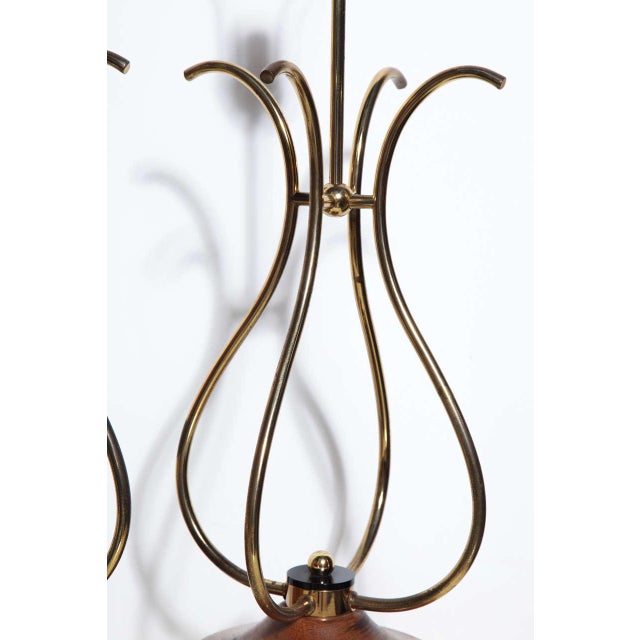 Mid-Century Modern Tall Brass, Walnut & Lucite "Scroll" Style Table Lamps, 1950's - A Pair For Sale - Image 3 of 10