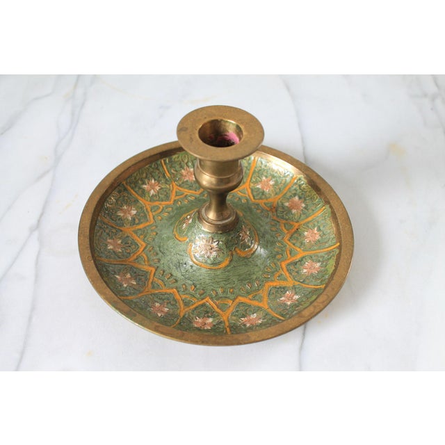 Vintage brass Cloisonné taper candle holder. Made in India. One sharp edge from manufacturer. Patina. Pictured.