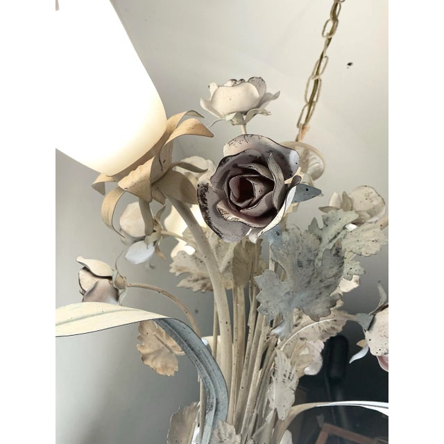 Metal Vintage Italian Toleware Tole Style Floral Rose Chandelier With Glass Shades For Sale - Image 7 of 12