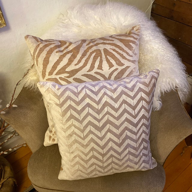 Tan Hand Block Painted Velvet Pillows by Galbraith and Paul - Set of 2 For Sale - Image 8 of 9