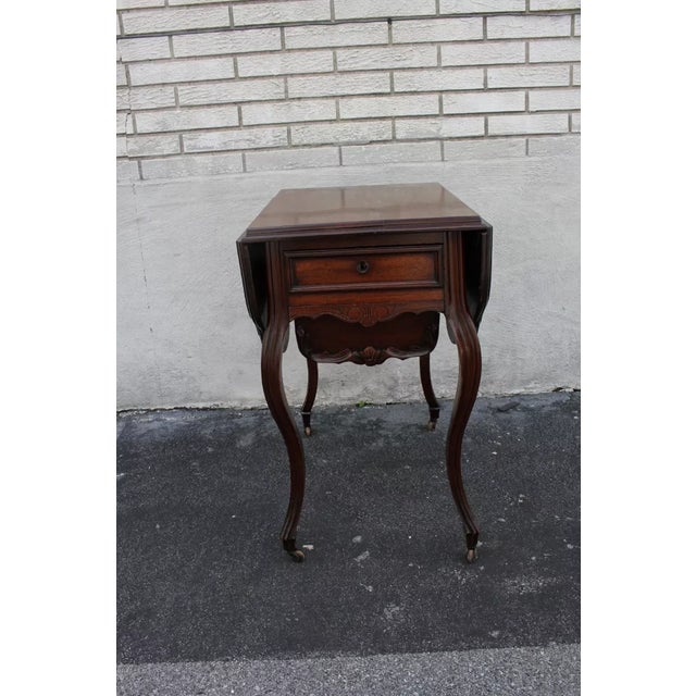 19th C. French Victorian Carved Walnut Drop Leaf Sewing Table For Sale - Image 4 of 9