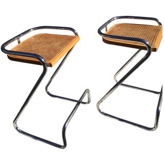 Italian MCM Chrome Cane Counter Z Stools - A Pair For Sale