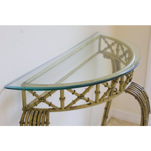 Yellow Vintage Hollywood Regency Faux Bamboo Console Table & Mirror Set Demilune Palm Beach Regency 1970s For Sale - Image 8 of 18