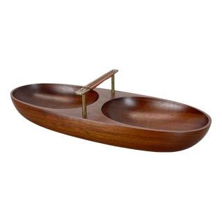 Large Teak Bowl with Brass and Leather Handle from Carl Auböck, Austria, 1950s For Sale