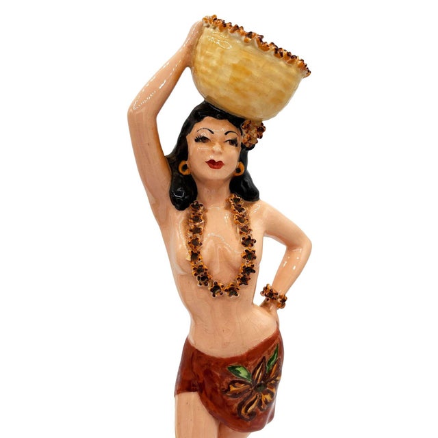 Mid 20th Century Hand Painted Hawaiian Hula Girl & Native Male Ceramic Statue Set For Sale - Image 4 of 5