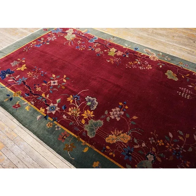 Raspberry Red 1920s Raspberry Red Floral Antique Chinese Art Deco Carpet 6' X 8'8'' Knotted Wool Rug For Sale - Image 8 of 13