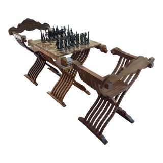 3 Piece Chess Table With Two Italian 19th Century Renaissance Revival Savonarola Chairs For Sale