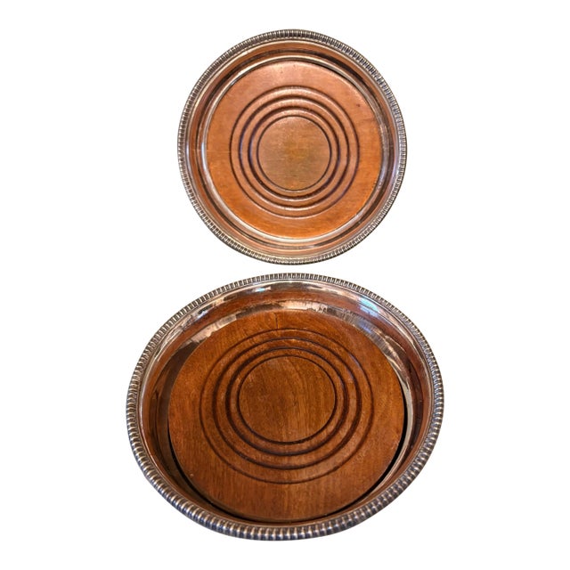 Vintage English Silver Plate & Mahogany Wine Bottle Coasters For Sale
