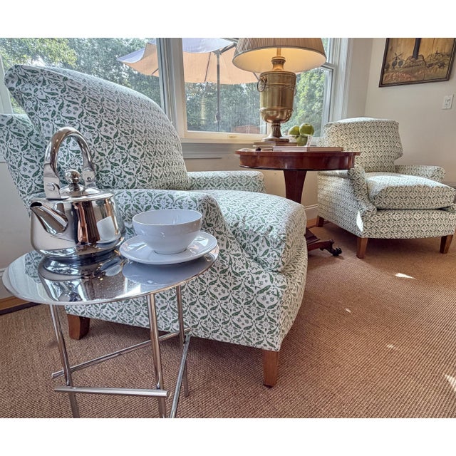 A Pair of Howard & Sons Green and White Lounge Chairs With Custom Tan Slipcovers For Sale - Image 9 of 18