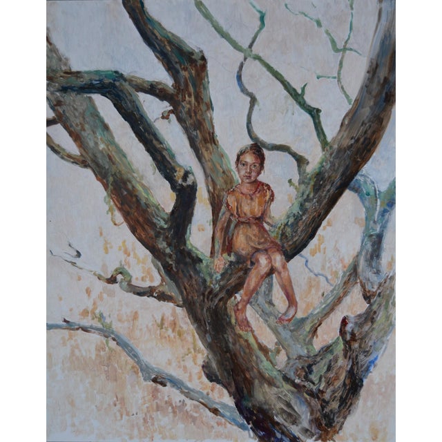 Where You'll Find Me by Jaclyn Alderete | Oil on Board Girl sitting on a tree branch. For Sale