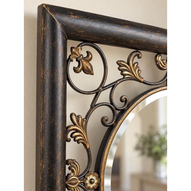 Vintage Onyx Black and Aged-Gold Botanical Metal Mirror With Beveled Glass For Sale - Image 4 of 6
