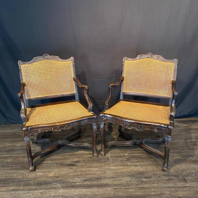 Carved & Caned French Armchairs With Mohair Cushions- A Pair For Sale - Image 4 of 14