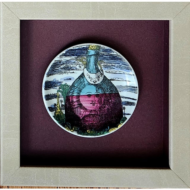 1960s Piero Fornasetti “12 Mesi, 12 Soli” Porcelain Coaster, November, Sun in a Wine Bottle, Framed For Sale - Image 5 of 5