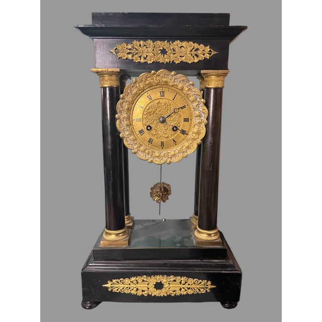 19" Antique French Empire Ebonized & Ormolu Decorated Portico Mantel Clock For Sale - Image 10 of 10