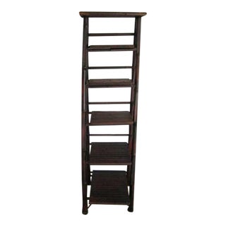 1980s Vintage Burnt Bamboo 5 Tier Ladder Book Shelf Foldable For Sale