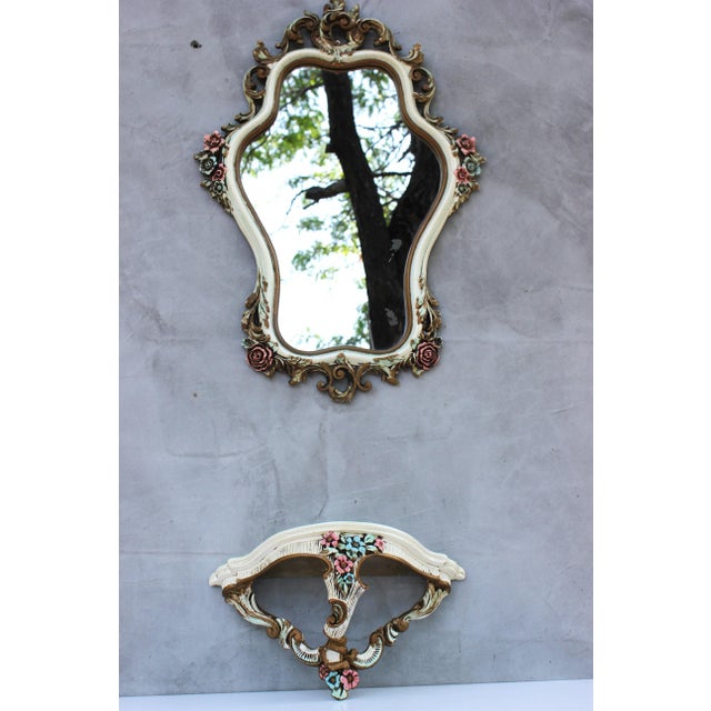 Plastic Vintage Baroque Floral Ornate Wall Mirror with Console Shelf, 1970s, Set of 2 For Sale - Image 7 of 14