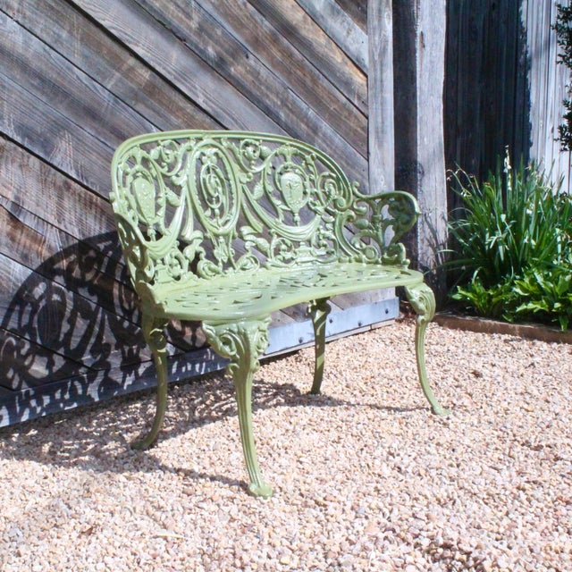 Set of Green Painted Metal Outdoor Garden Furniture: Antique Cameo Pattern, Six Pieces For Sale - Image 12 of 17