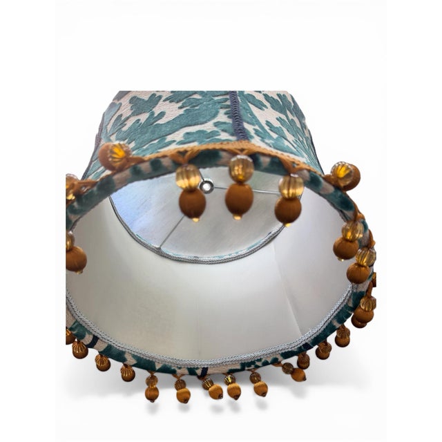 Modern Designer Covington Teal Bunny Velvet Drum Lampshade With Beaded Fringe- It Glows For Sale - Image 3 of 7