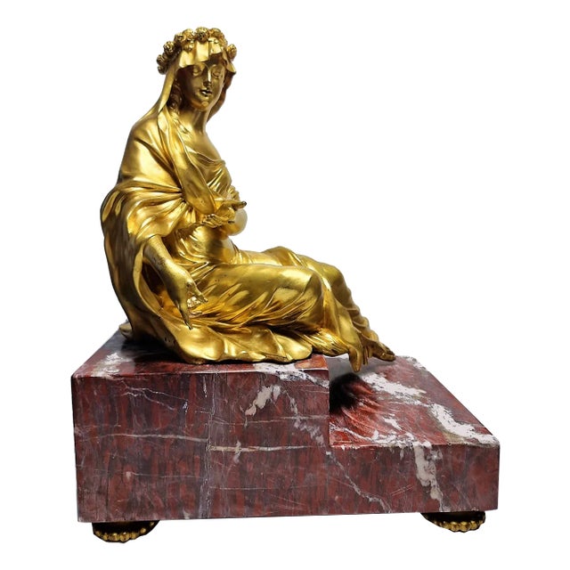 Mathurin Moreau, Dame qui pose, 1800s, Gilded Bronze with Red Marble Base For Sale