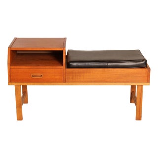 Mid-Century Teak Telephone Seat with Black Vinyl Seat and Drawer, 1960s For Sale