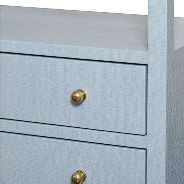 Worlds Away Matthew Izzo Home Douglas Textured Light Blue Linen Two Drawer Side Table With Open Shelf and Polished Brass Knobs For Sale - Image 4 of 8