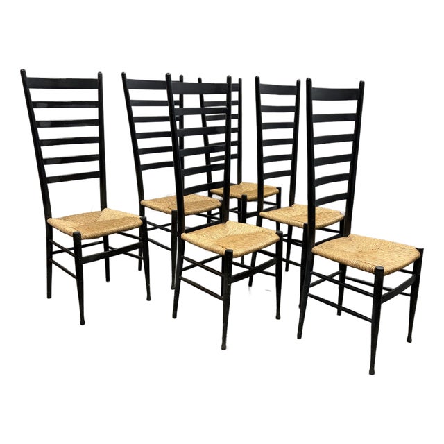 Gio Ponti Style Italian Ladder Back Dining Chairs, Vintage Set of Six For Sale