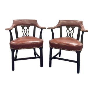 Hickory Chair Vintage Cranberry Leather Captains Arm Chairs Pair For Sale