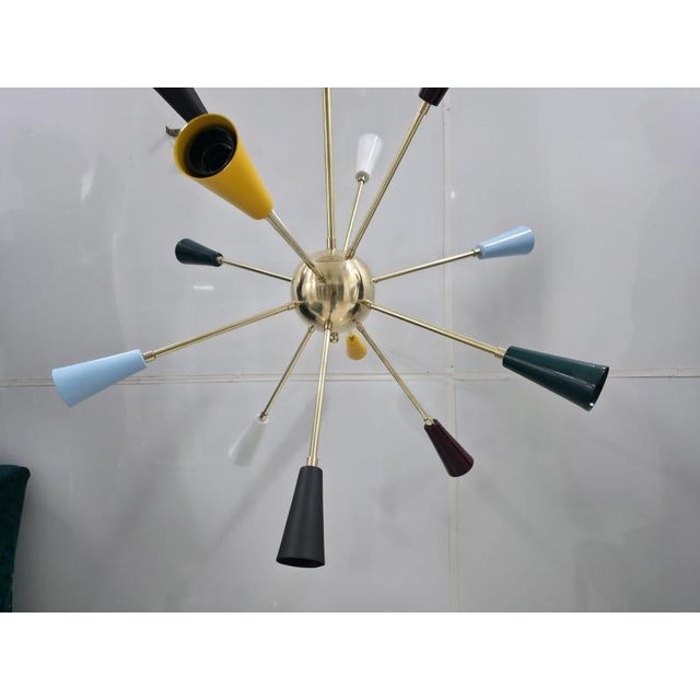 Not Yet Made - Made To Order 12-Light Brass Sputnik Chandelier With Colorful Cone Shades, Mid Century Modern Pendant For Sale - Image 5 of 6
