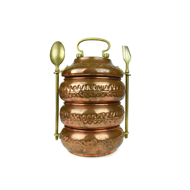 Mid 20th Century Hand Hammer Engraved Stackable Three Compartments Tiffin Copper and Brass Lunch Box For Sale - Image 4 of 11