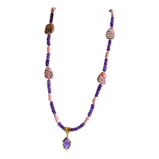 Artisan Amethyst Pendant Necklace With Genuine Argentine Rhodochrosite and Gilded Accents For Sale