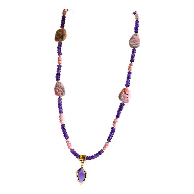 Artisan Amethyst Pendant Necklace With Genuine Argentine Rhodochrosite and Gilded Accents For Sale