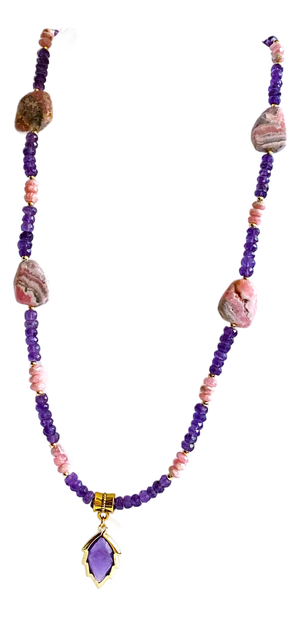 Artisan Amethyst Pendant Necklace With Genuine Argentine Rhodochrosite and Gilded Accents