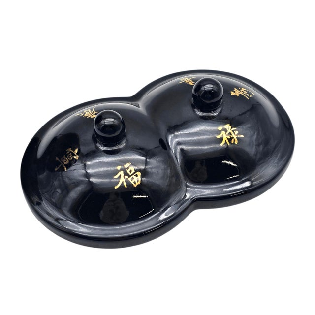 Rare Chinese Conjoined Ginger Jar With Stand 15.5" Black Gold Double Lidded For Sale - Image 10 of 15