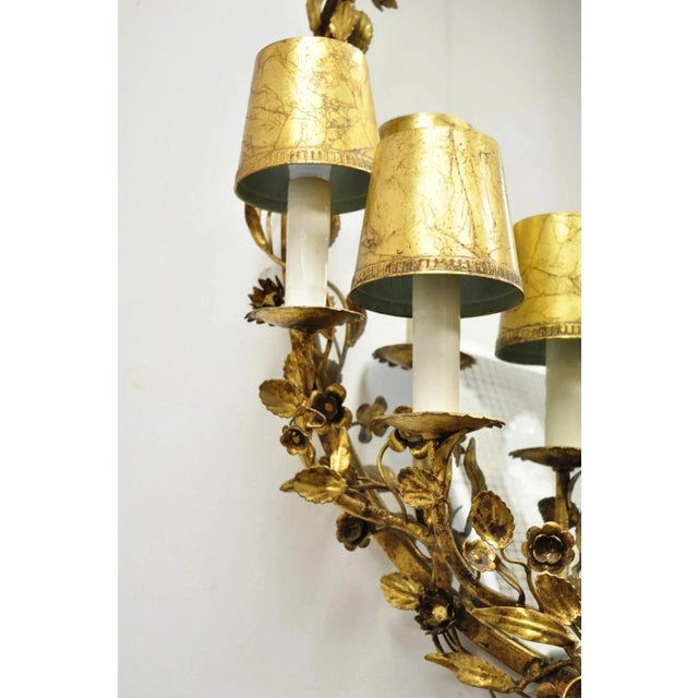 Vintage Italian Hollywood Regency Gold Gilt Iron Floral Wall Sconce Oval Mirror For Sale In Philadelphia - Image 6 of 11