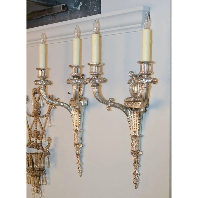 1900 - 1909 French Classical Silver Over Bronze Two-Light Sconces - A Pair For Sale - Image 5 of 6