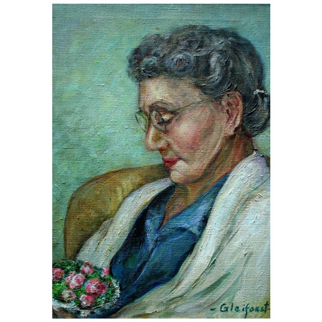 Portrait of an older woman holding a bouquet of flowers by Helen Enoch Gleiforst (American, 1903-1997). Signed "Gleiforst"...
