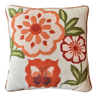 Vintage Retro Floral Butterfly Needlepoint Pillow For Sale