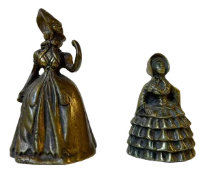 Antique 19th Century Victorian Brass Bells in Shape of Ladies, Set of 2