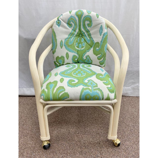 1980s Betty Cobonpue Split Reed Rattan Base Table & Rolling Arm Chairs