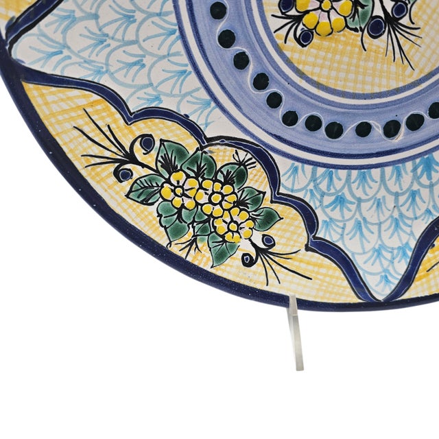 Ceramic Hand-Painted Floral Mexican Talavera-Style Plate in Yellow & Blue, 11.25" For Sale - Image 7 of 16