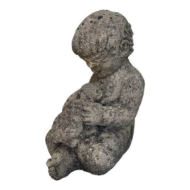 Reconstituted Garden Ornament Stone Boy Holding Rabbit, 20th Century For Sale