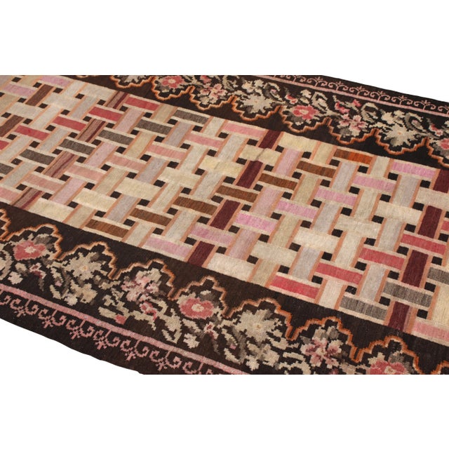 Transitional Vintage Mid-Century Bessarabian Kilim Rug in Brown and Pink Geometric Pattern For Sale - Image 3 of 5