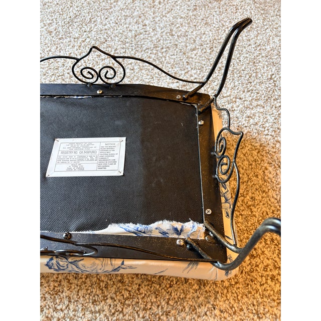 Royal Blue Vintage Wrought Iron Foot Rest / Ottoman With Blue Toile Upholstery For Sale - Image 8 of 11