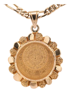 1950s 22k Gold Coin Mexican 20 Pesos 1959 Pendant in 14k Gold Figaro Chain Necklace