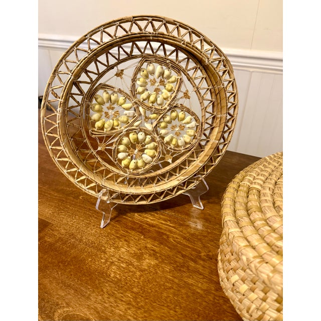 Late 20th Century Hand Woven Cowrie Shell Wall Hanging and Lidded Basket With Handle For Sale - Image 4 of 12