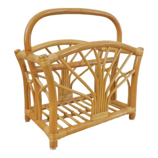 Vintage Mid Century Natural Bamboo Rattan & Wicker Magazine Rack For Sale