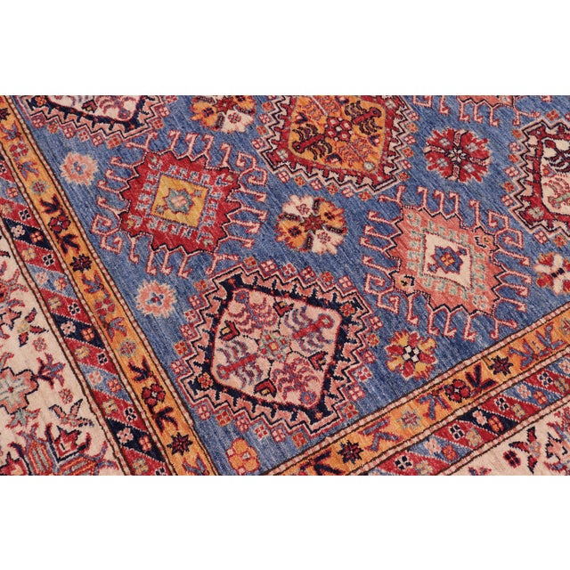 Shabby Chic Tribal Super Kazak Blue/Beige Wool Rug - 9'0'' X 12'1'' For Sale - Image 4 of 10