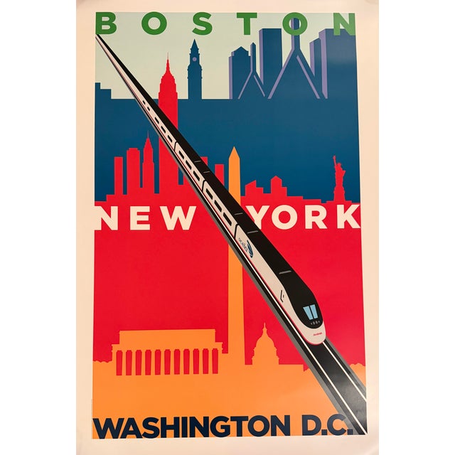 Modern American railway advertising poster by Michael Schwab, created for Amtrak’s Acela service, featuring a streamlined...