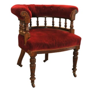 19th Century Red Velvet Buttonback Captains Chair with Porcelain Castors For Sale