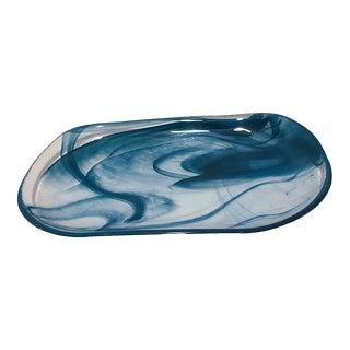 Mid-Century Modern Art Glass Tray Dish Blue Swirls For Sale